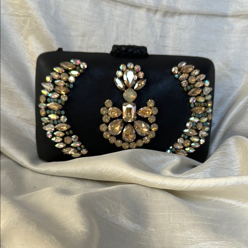 Embellished Black Ash Amaira Clutch with Gold Toned Accents
